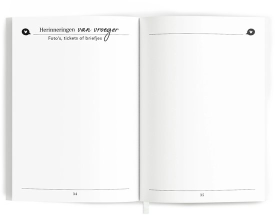 Open boek met de titel 'Herinneringen van vroeger' en 'Foto's, tickets of briefjes' op de linkerpagina.