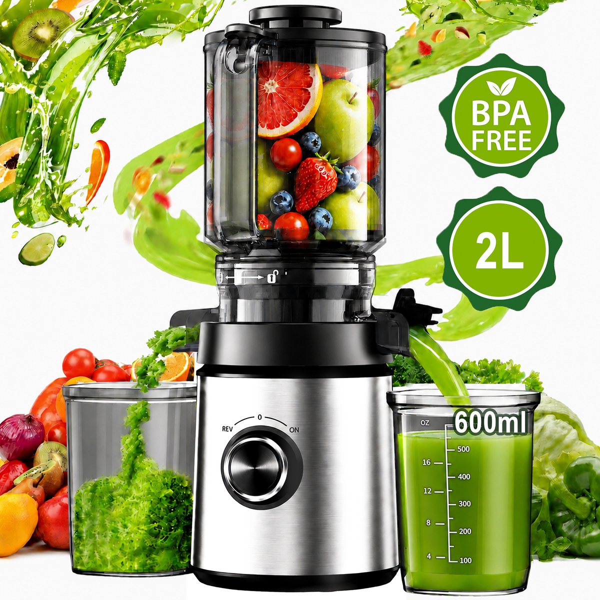 2L Slow Juicer Sapcentrifuge voor Groente en Fruit, 130 mm brede vulopening,XXXL, hoge sapopbrengst, koude persing, BPA-vrije onderdelen, eenvoudig te reinigen