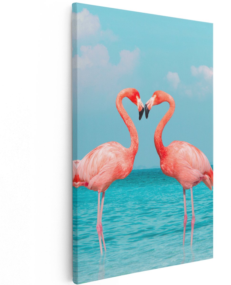 Artaza Canvas Schilderij Twee Flamingo's in een Hart Vorm in het Water - 120x180 cm - Groot - Wanddecoratie Woonkamer - Schilderijen - Muurdecoratie