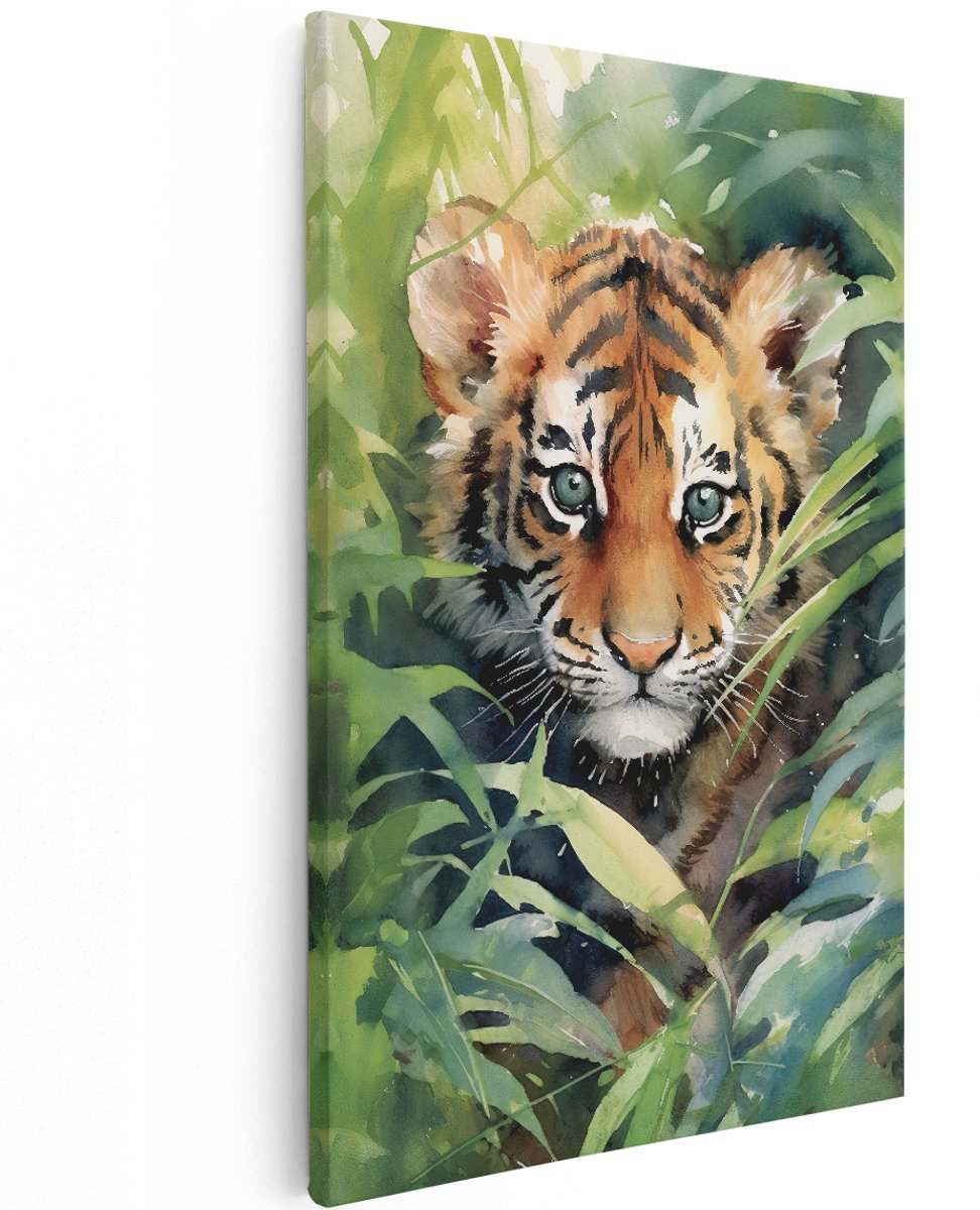 Artaza Canvas Schilderij Baby Tijger tussen de Planten - 120x180 cm - Groot - Foto Op Canvas - Wanddecoratie Woonkamer