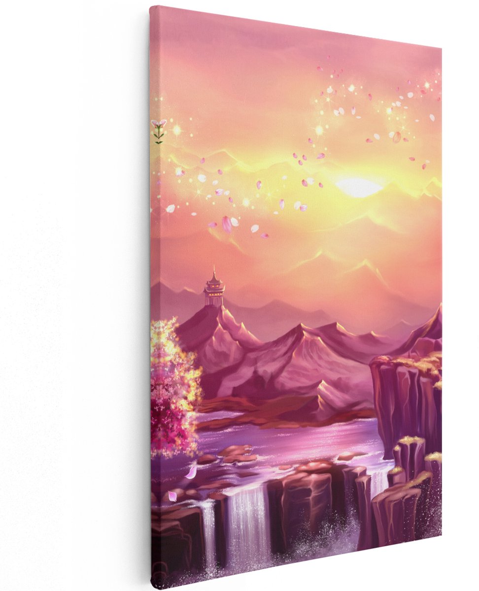 Artaza Canvas Schilderij Illustratie Van Watervallen Met Bloesems - 120x180 cm - Groot - Wanddecoratie Woonkamer - Schilderijen - Muurdecoratie