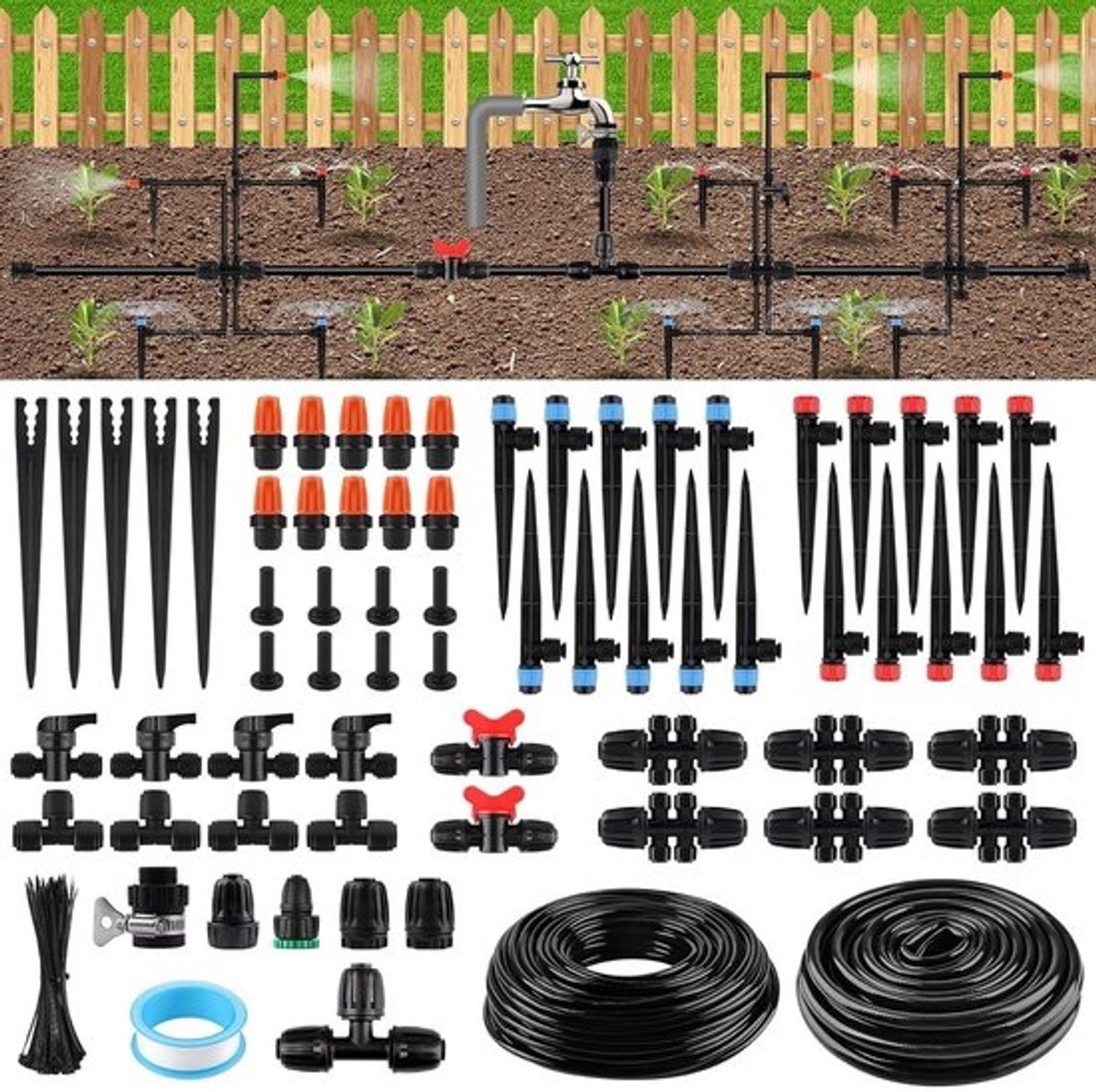 Snelkoppelingssysteem voor Tuinberegening - Automatisch Push-to-Fit Beregeningssysteem met Druppelirrigatieslangen voor Gazon en Tuin