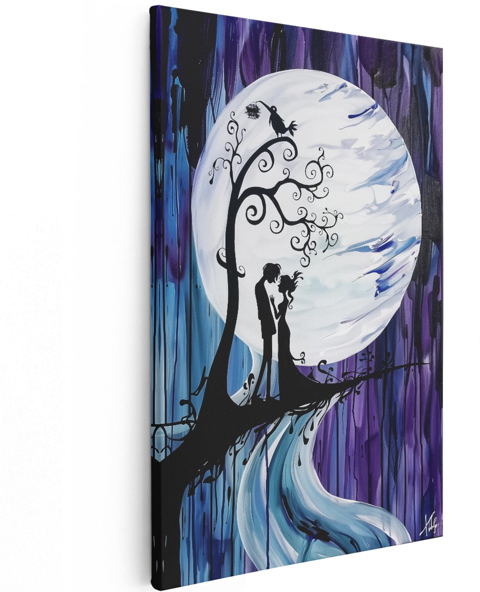 Artaza Canvas Schilderij Kussend Stel onder een Volle Maan - 120x180 cm - Groot - Wanddecoratie Woonkamer - Schilderijen - Muurdecoratie