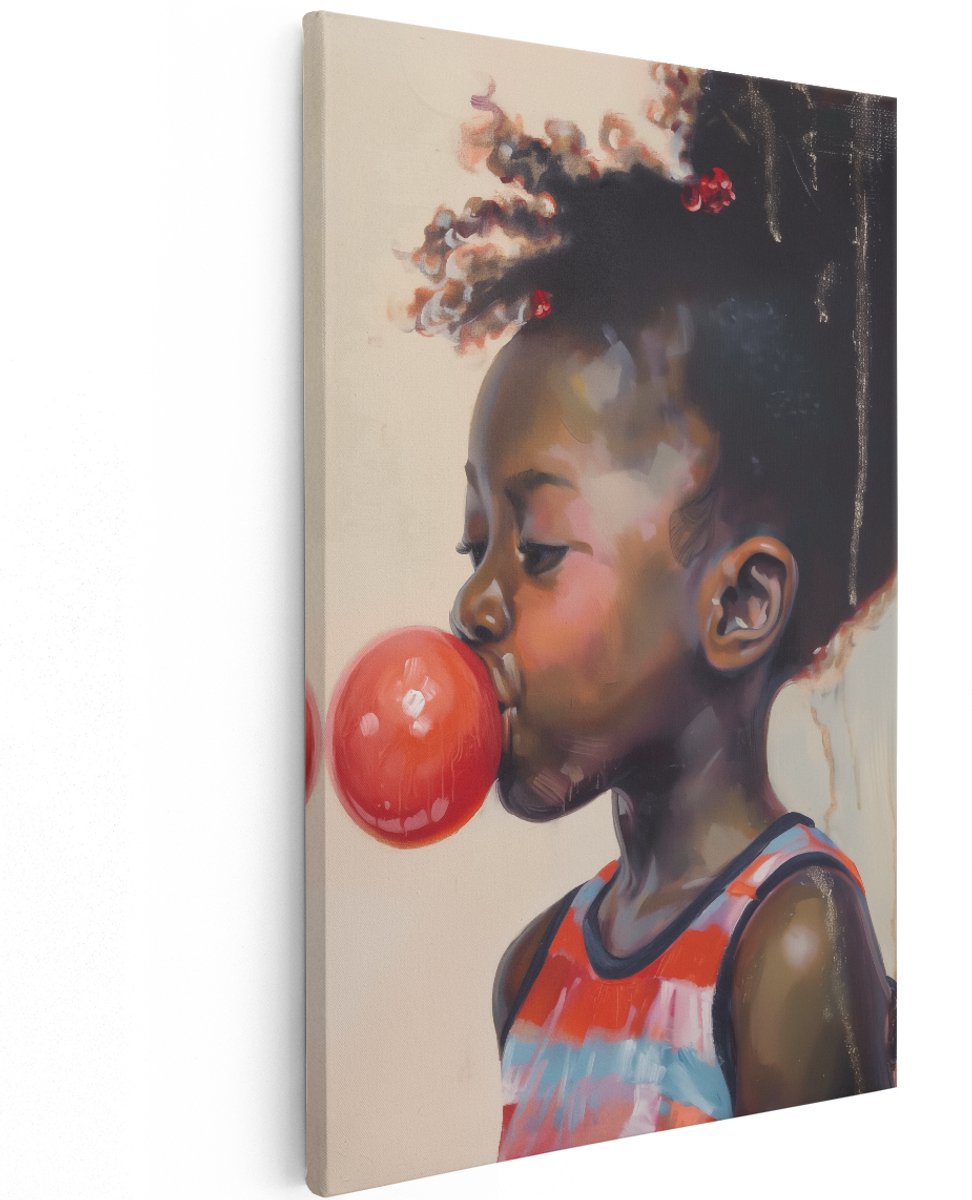 Artaza Canvas Schilderij Meisje Blaast Kauwgom - 120x180 cm - Groot - Wanddecoratie Woonkamer - Schilderijen - Muurdecoratie