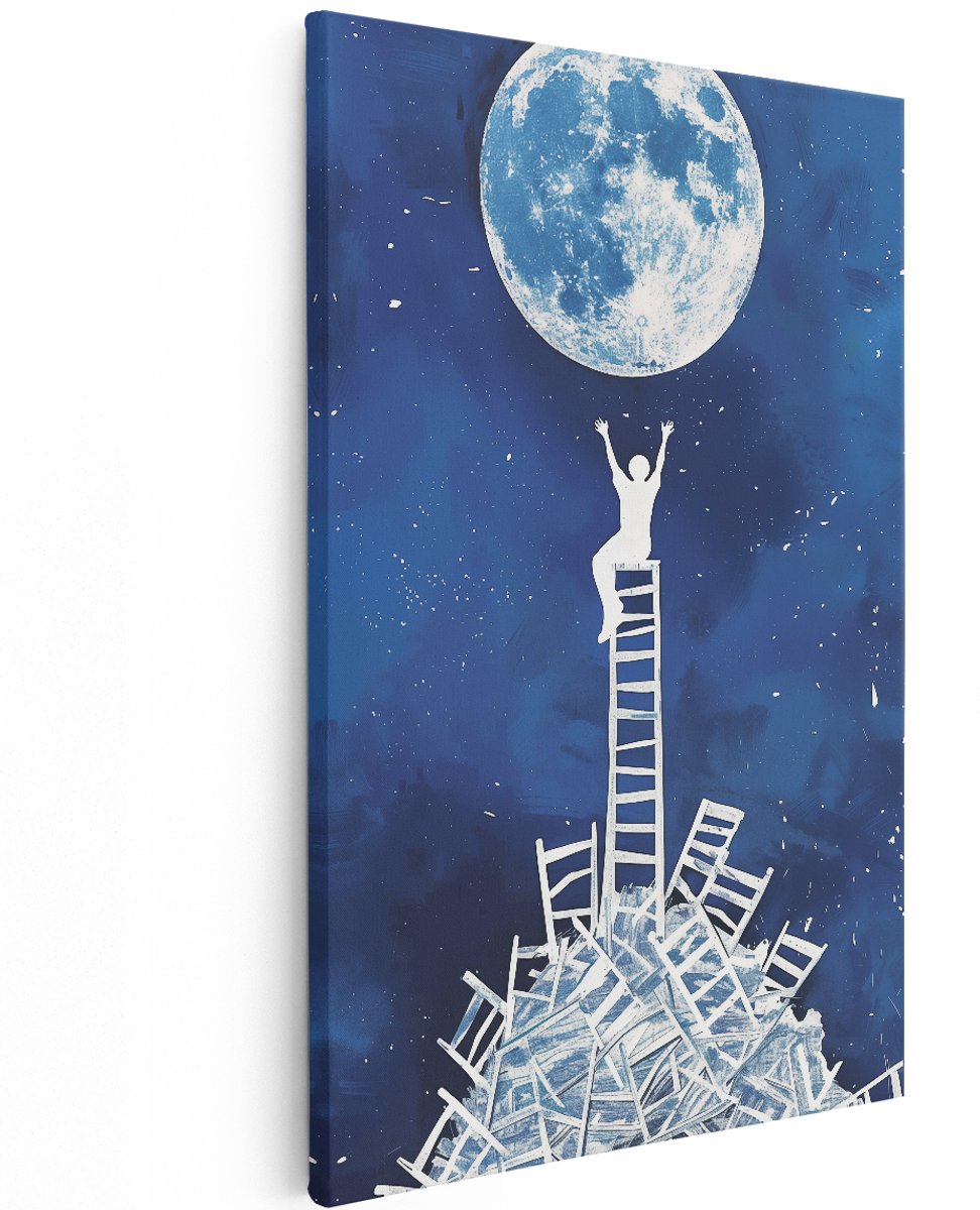 Artaza Canvas Schilderij Persoon op een Ladder voor een Volle Maan - 120x180 cm - Groot - Wanddecoratie Woonkamer - Schilderijen - Muurdecoratie