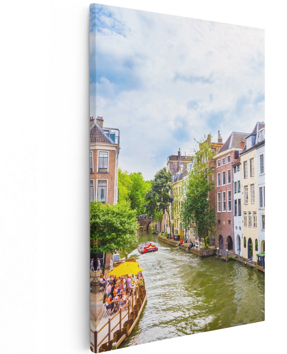 Artaza Canvas Schilderij Huizen Aan De Oudegracht In Utrecht - 120x180 cm - Groot - Wanddecoratie Woonkamer - Schilderijen - Muurdecoratie