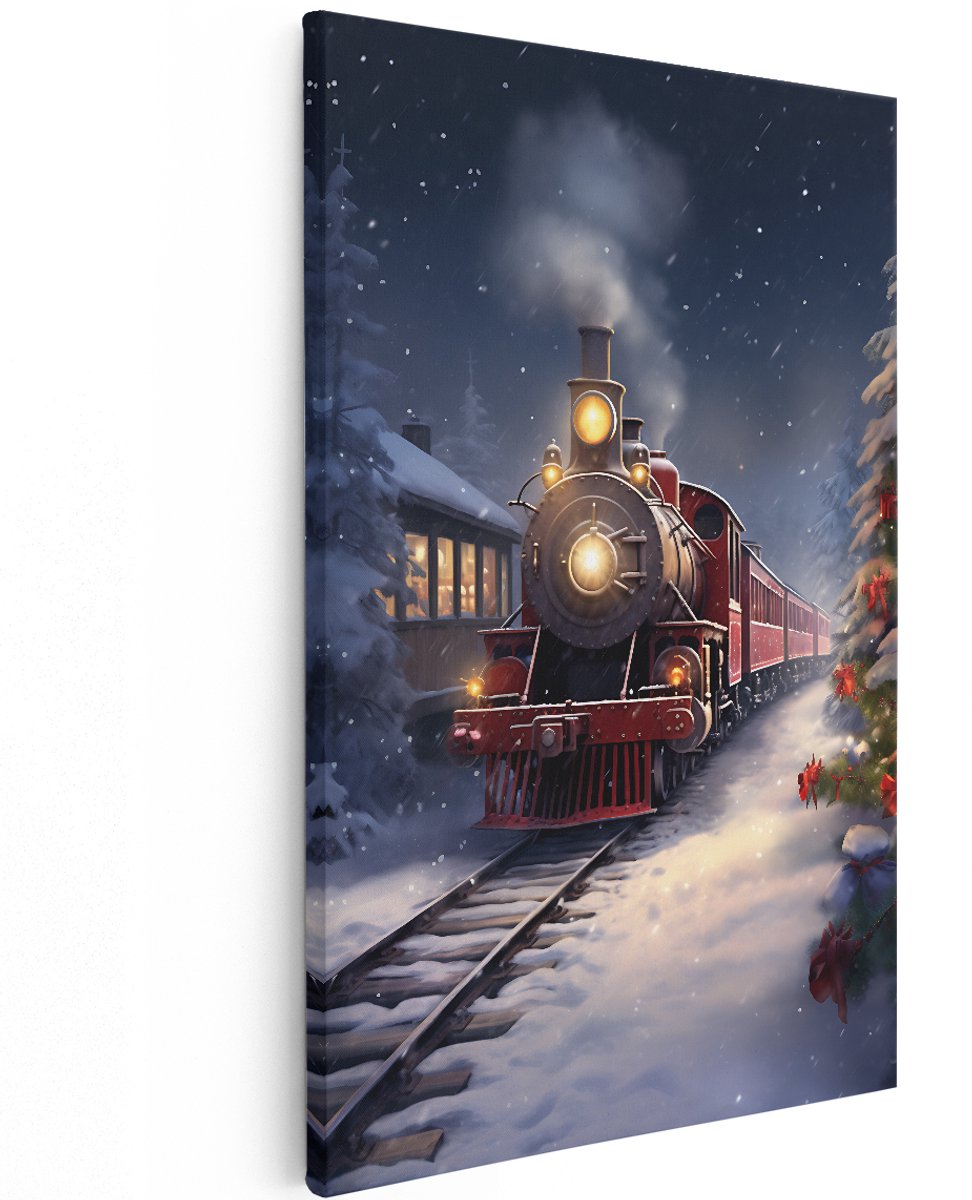 Artaza Canvas Schilderij Rode Locomotief Trein in het Winter Bos - Kerst - 120x180 cm - Groot - Foto Op Canvas - Wanddecoratie