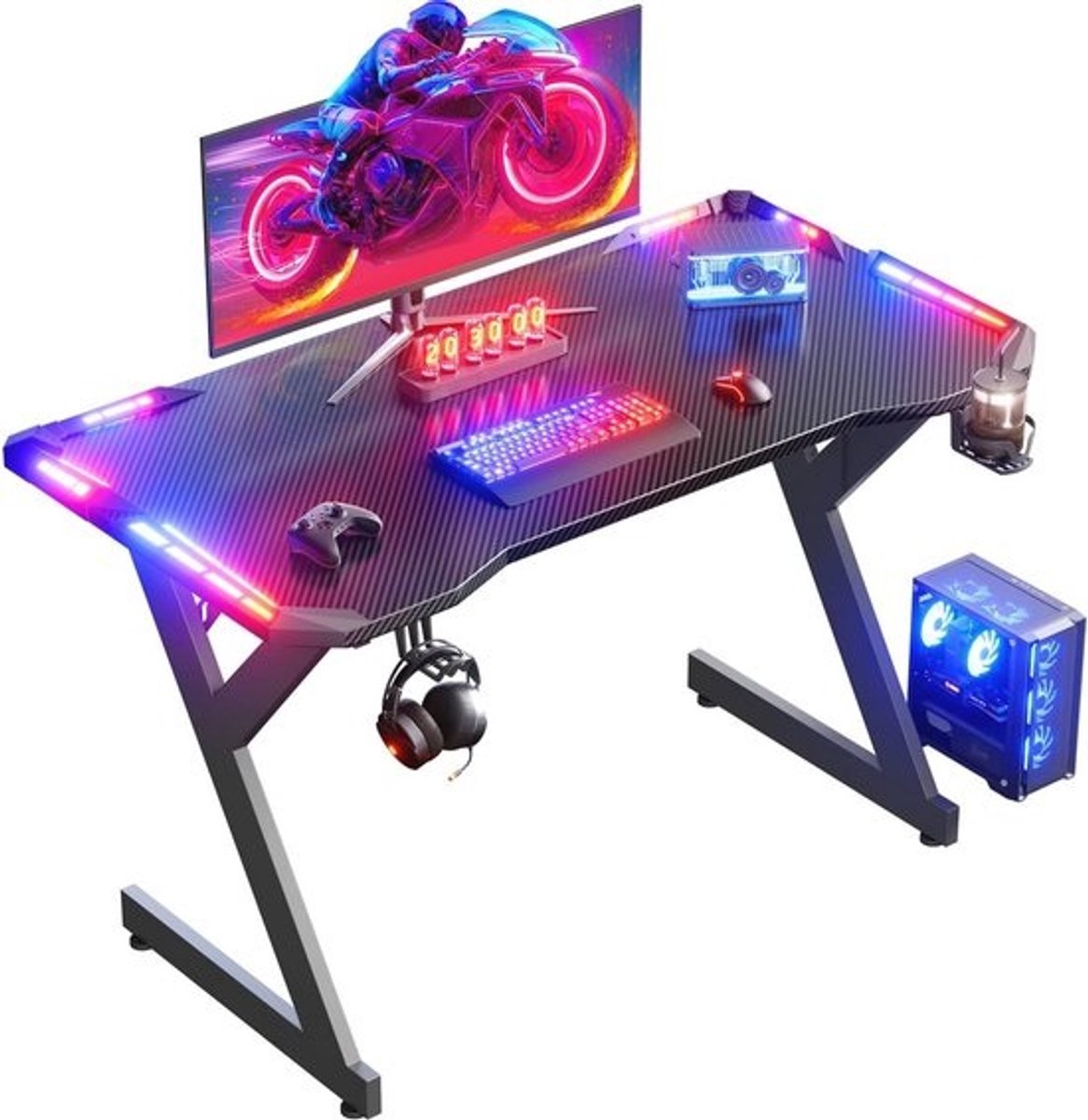 LED Gaming Bureau 100 × 60 cm - Ergonomische Gamingtafel met Bekerhouder en Haak voor Hoofdtelefoon - Zwart