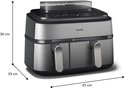 Philips heteluchtfriteuse met twee lades, 36cm hoog, 39cm diep, 45cm breed.