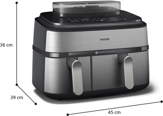 Philips heteluchtfriteuse met twee lades, 36cm hoog, 39cm diep, 45cm breed.