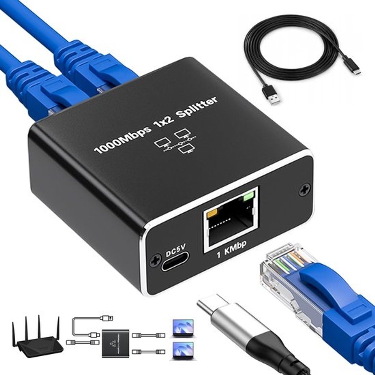 Ethernet Splitter 1 op 2 voor Gigabit Netwerkverbinding