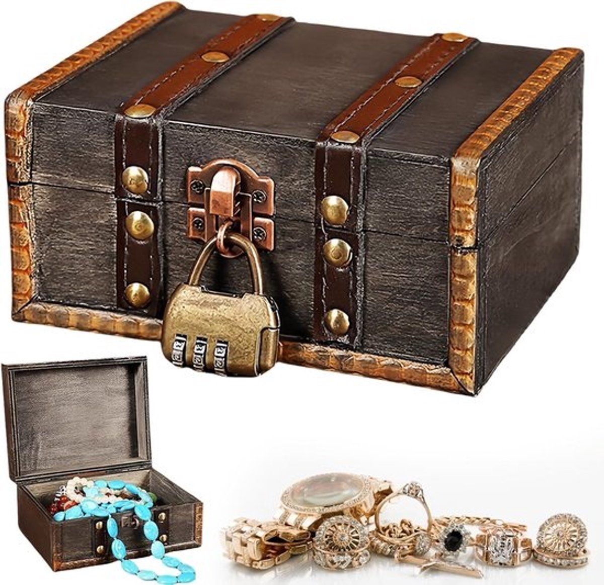 Houten Schatkist Vintage met Slot - Sieradendoos en Piratenkistje voor Kinderen