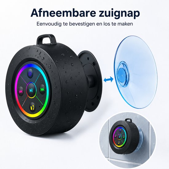 Namajunas Draagbare Bluetooth Speaker - Douche Speaker - Met Haak - Afneembare Zuignap - 360° Sound - IPX7 Waterdicht - Zwart van Namajunas — afbeelding 2