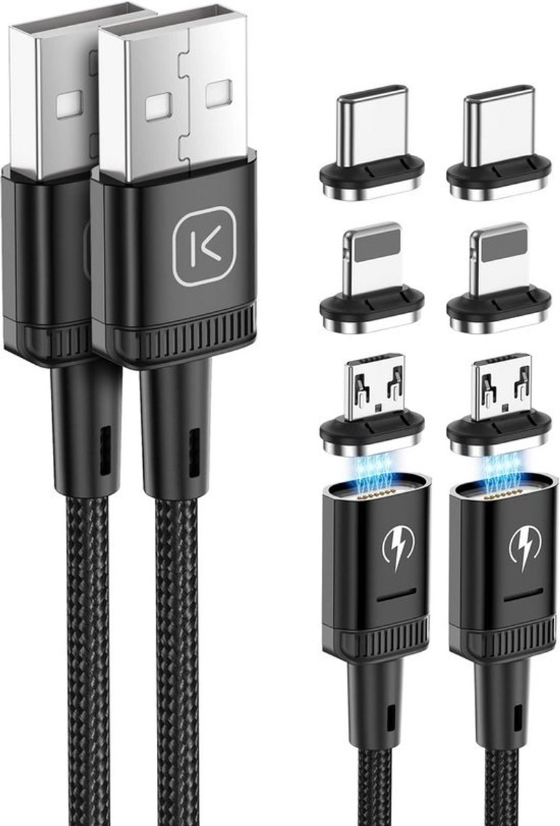 Magnetische 3-in-1 Oplaadkabel met LED Licht - Nylon Gevlochten voor Micro USB, Type C en iProducts (Zwart, 2 Stuks)
