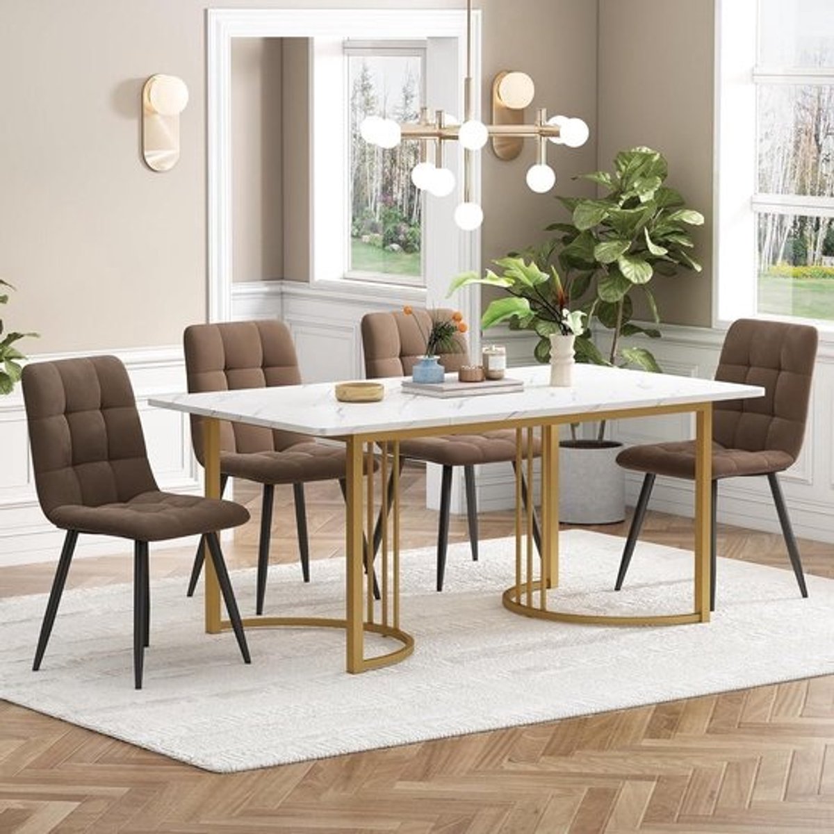 Eetgroep 5-delig - Eettafel met stoelen - Gezellig tafelen - Marmerpatroon tafelblad - 140 x 80 cm - Bruin fluweel