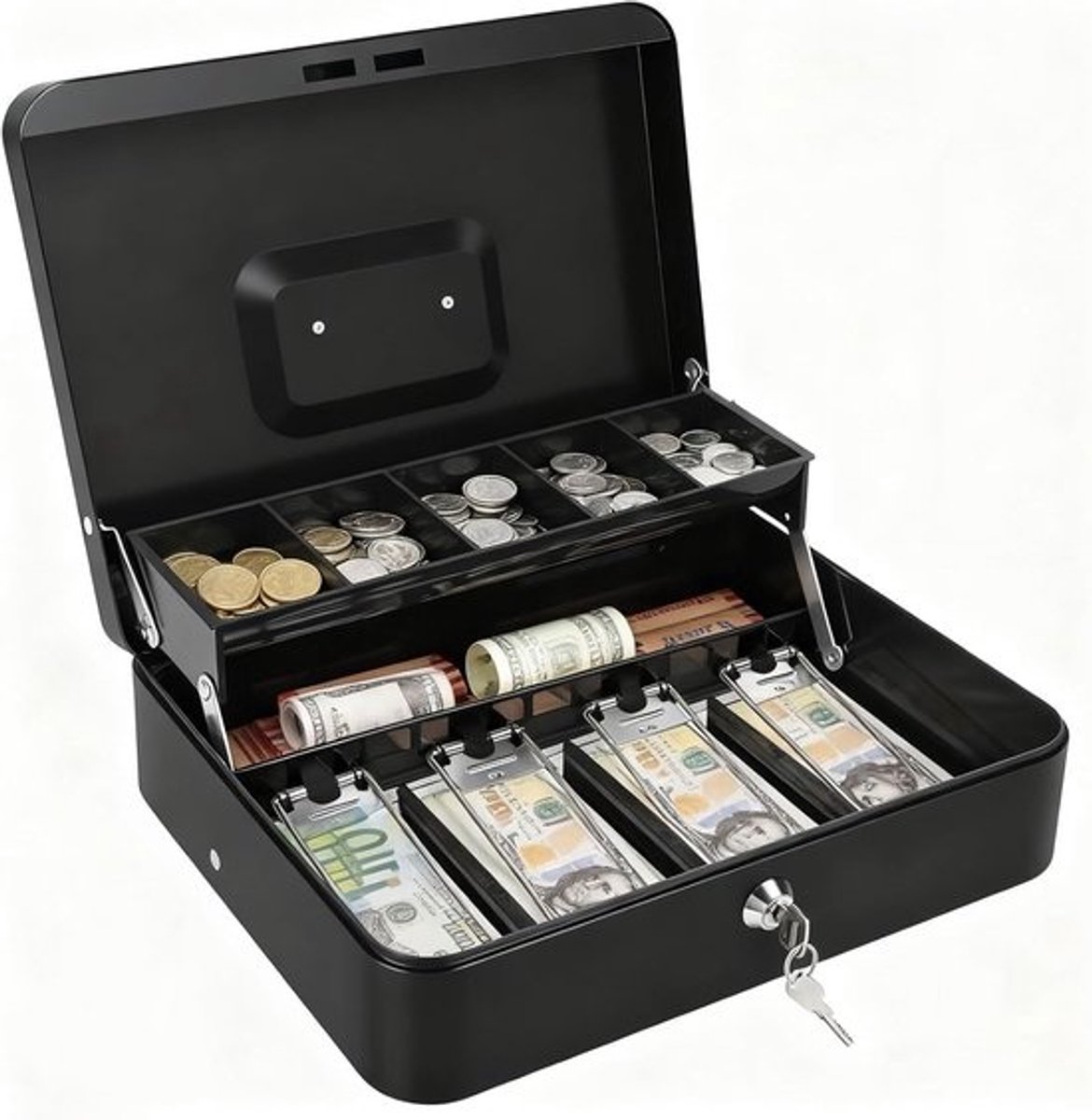 Geldcassette - Kassa met sleutel - Veilig Geld Bewaren - Met Muntvak - 30x25cm - Zwart