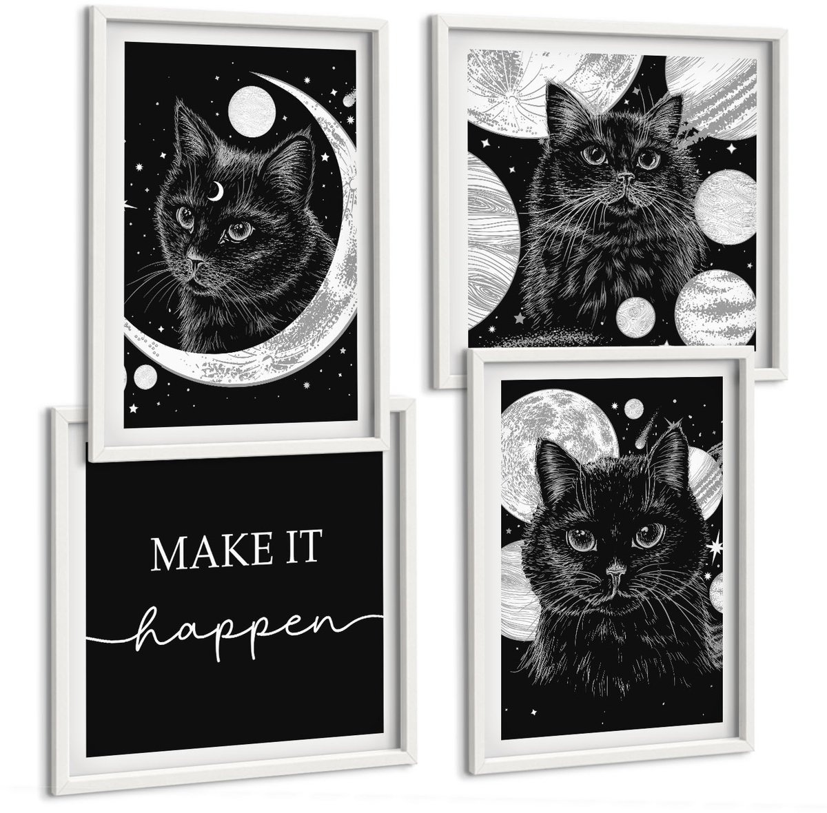 Wallfluent 4-Delige Schilderij Set - Zwarte Katten Tegen De Achtergrond Van De Maan En Planeten In De Ruimte. - 40 x 40 En 40 x 60 - Schilderijen Set - Wanddecoratie - Woonkamer - Woonkamer Decoratie