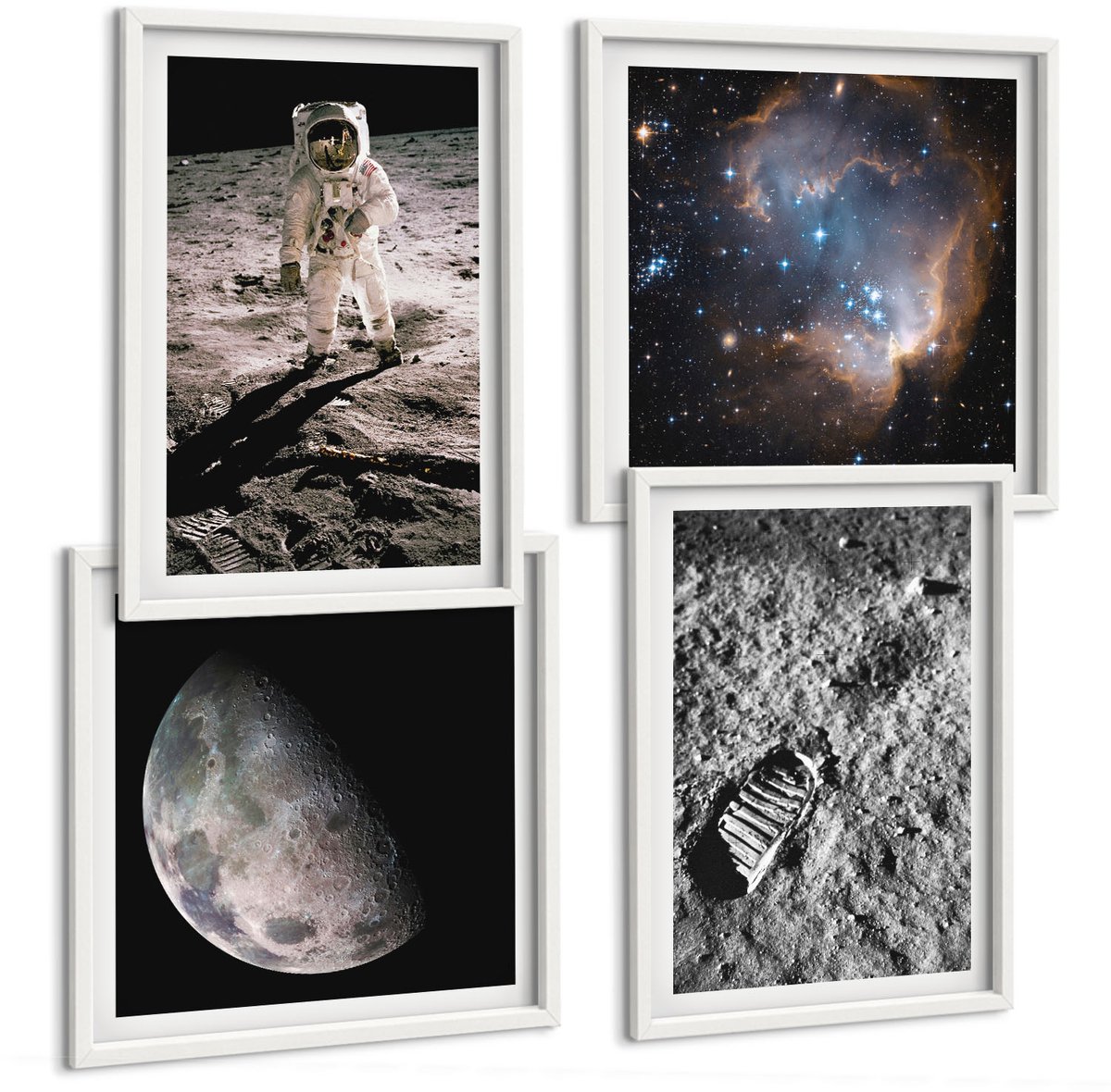 Wallfluent 4-Delige Schilderij Set - Foto'S Van Astronautenvoetafdrukken Op De Maan - 40 x 40 En 40 x 60 - Moderne Wanddecoratie - Slaapkamer - Stijlvolle Muurdecoratie