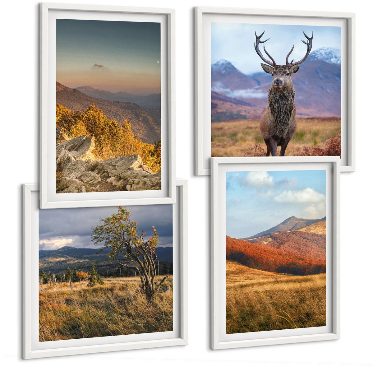 Wallfluent 4-Delige Schilderij Set - Berglandschappen Natuur Bergen Herten Grassen Open Plekken - 40 x 40 En 40 x 60 - Decoratieve Schilderijen - Woonkamer - Interieur - Woonkamer Decoratie
