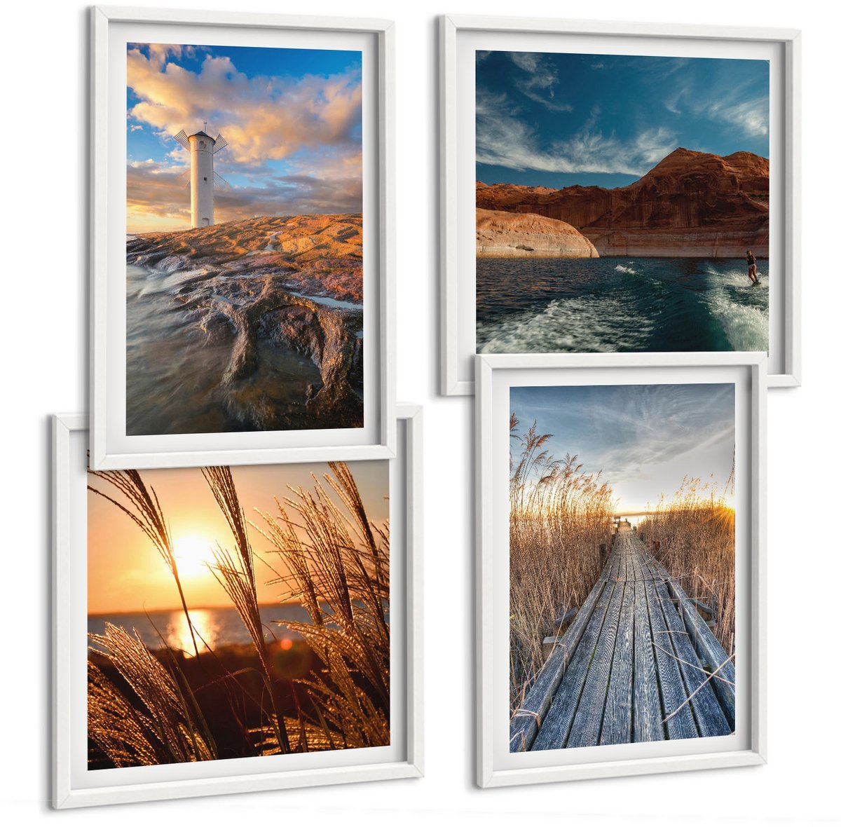 Wallfluent 4-Delige Schilderij Set - Uitzicht Op De Vuurtoren Over De Zee, Het Gras En Een Houten Pier. - 40 x 40 En 40 x 60 - Wanddecoratie - Moderne Interieurdecoratie - Muurdecoratie