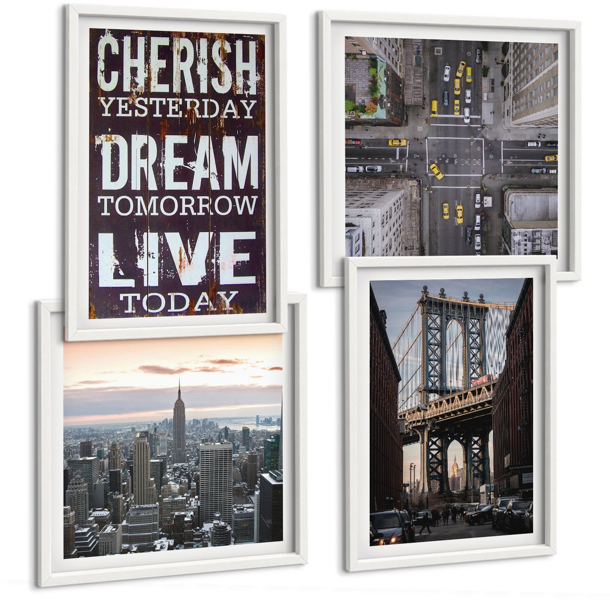 Wallfluent 4-Delige Schilderij Set - Landschappen Van New York City Met Een Inspirerend Citaat - 40 x 40 En 40 x 60 - Moderne Wanddecoratie - Woonkamer - Stijlvolle Muurdecoratie