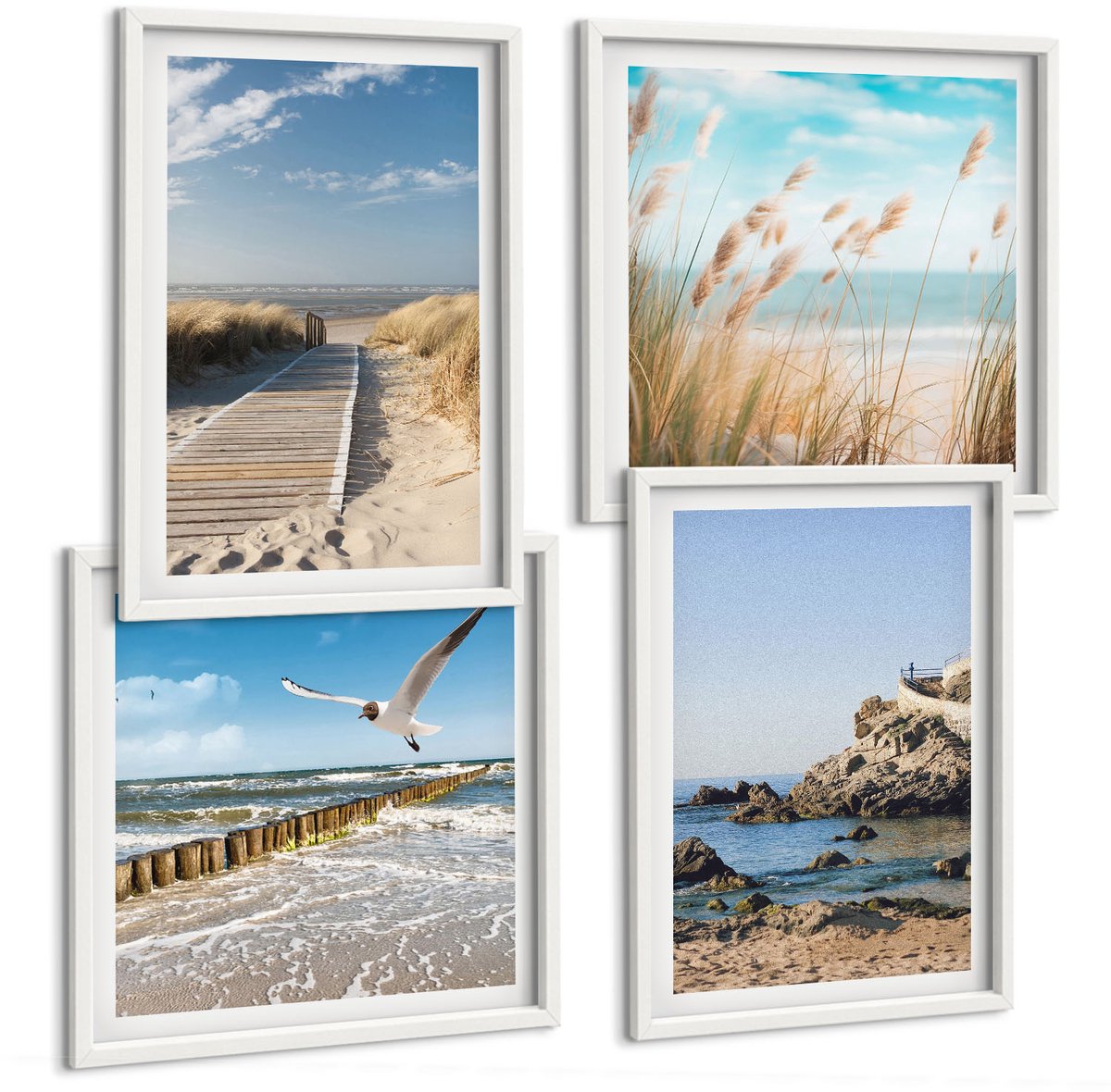 Wallfluent 4-Delige Schilderij Set - Strand Met Een Houten Pad, Zee En Kliffen Aan Zee. - 40 x 40 En 40 x 60 - Stijlvolle Wanddecoratie - Interieur - Stijlvolle Muurdecoratie