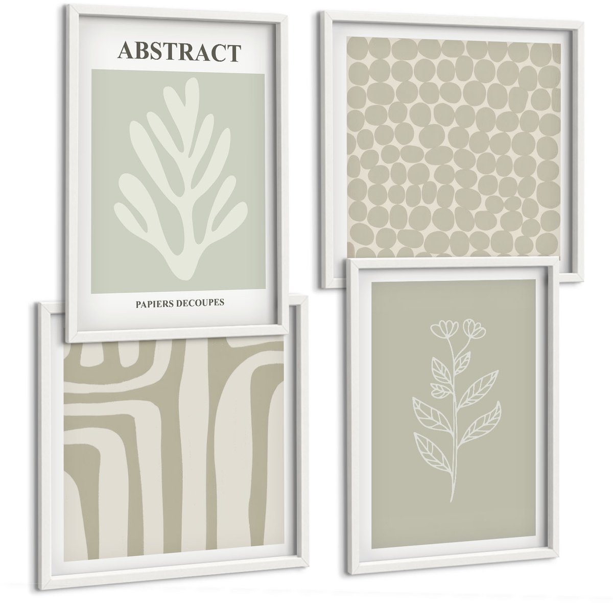 Wallfluent 4-Delige Schilderij Set - Abstracte Plantpatronen In Ingetogen Kleuren - 40 x 40 En 40 x 60 - Moderne Wanddecoratie - Slaapkamer - Muurdecoratie