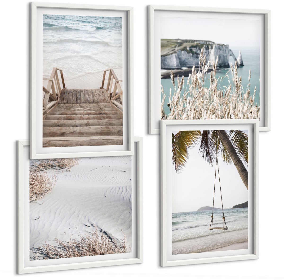 Wallfluent 4-Delige Schilderij Set - Strand Met Houten Trap En Een Schommel Aan Zee - 40 x 40 En 40 x 60 - Moderne Wanddecoratie - Woonkamer - Muurdecoratie