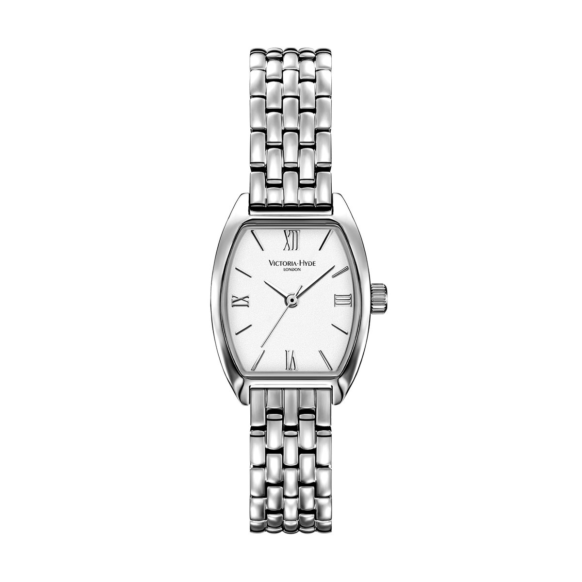 Victoria Hyde "Barrel"- Dames Horloge - Mineraalglas - Schakelband - Witte duidelijke wijzerplaat - Quartz – 3 ATM - RVS - 23mm - past bijna elke pols - Cadeau Voor Vrouw - Zilverkleurig