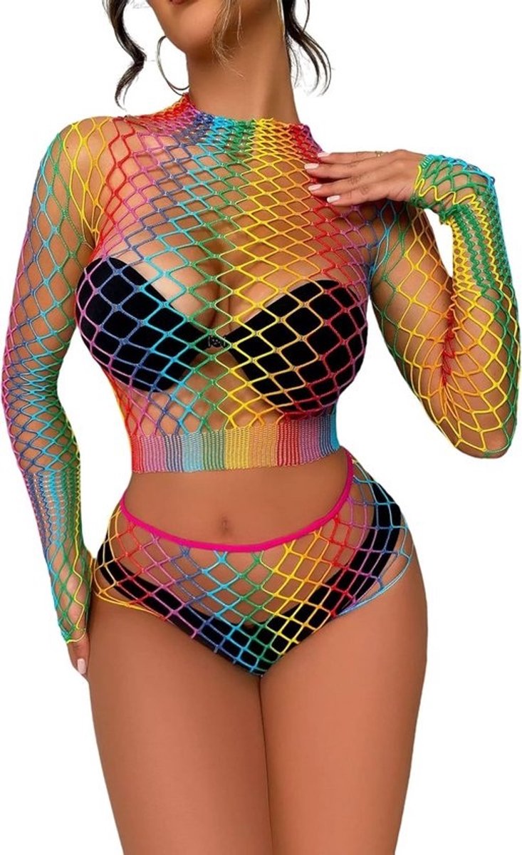 Sexy Vrouwen Lingerie Set Visnet Babydoll Nachtkleding Regenboog Kleur
