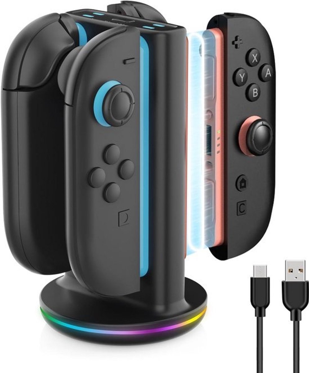 Oplaadstation voor Switch 2 Joy-Cons met 9 RGB-lichtmodi en LED-indicator