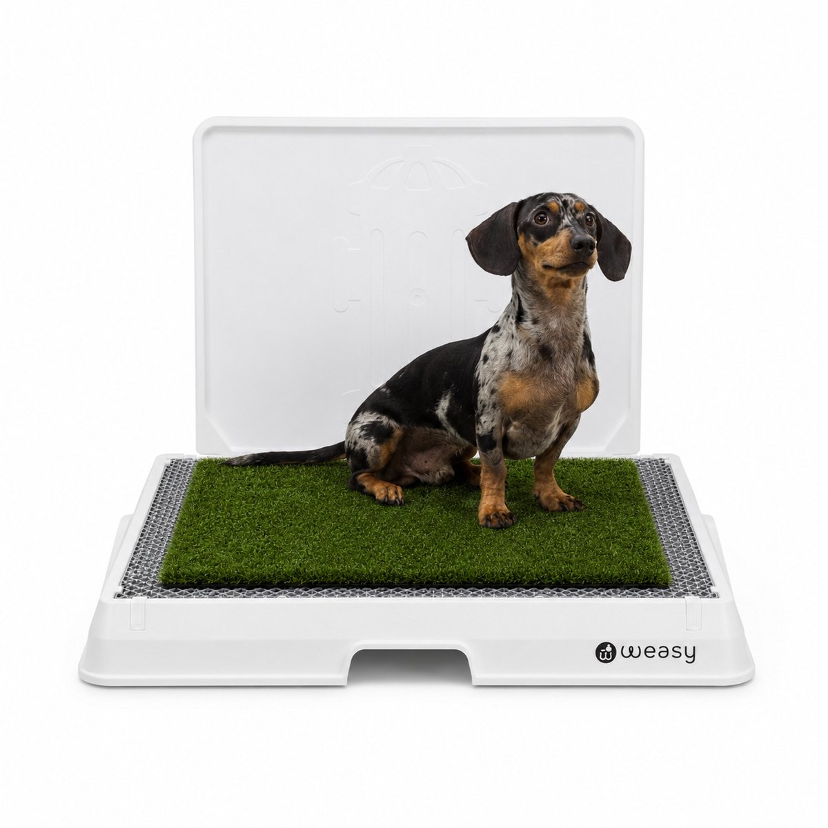 Weasy – Slim potje voor honden – Met beenhefwand - Wit en grijs – Gemiddeld – Met Weasy Bag en synthetische grasmat