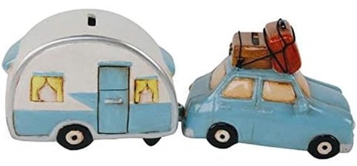 Set van 2 Spaarpotten Auto met Caravan - Handgeschilderd Spaarvarken