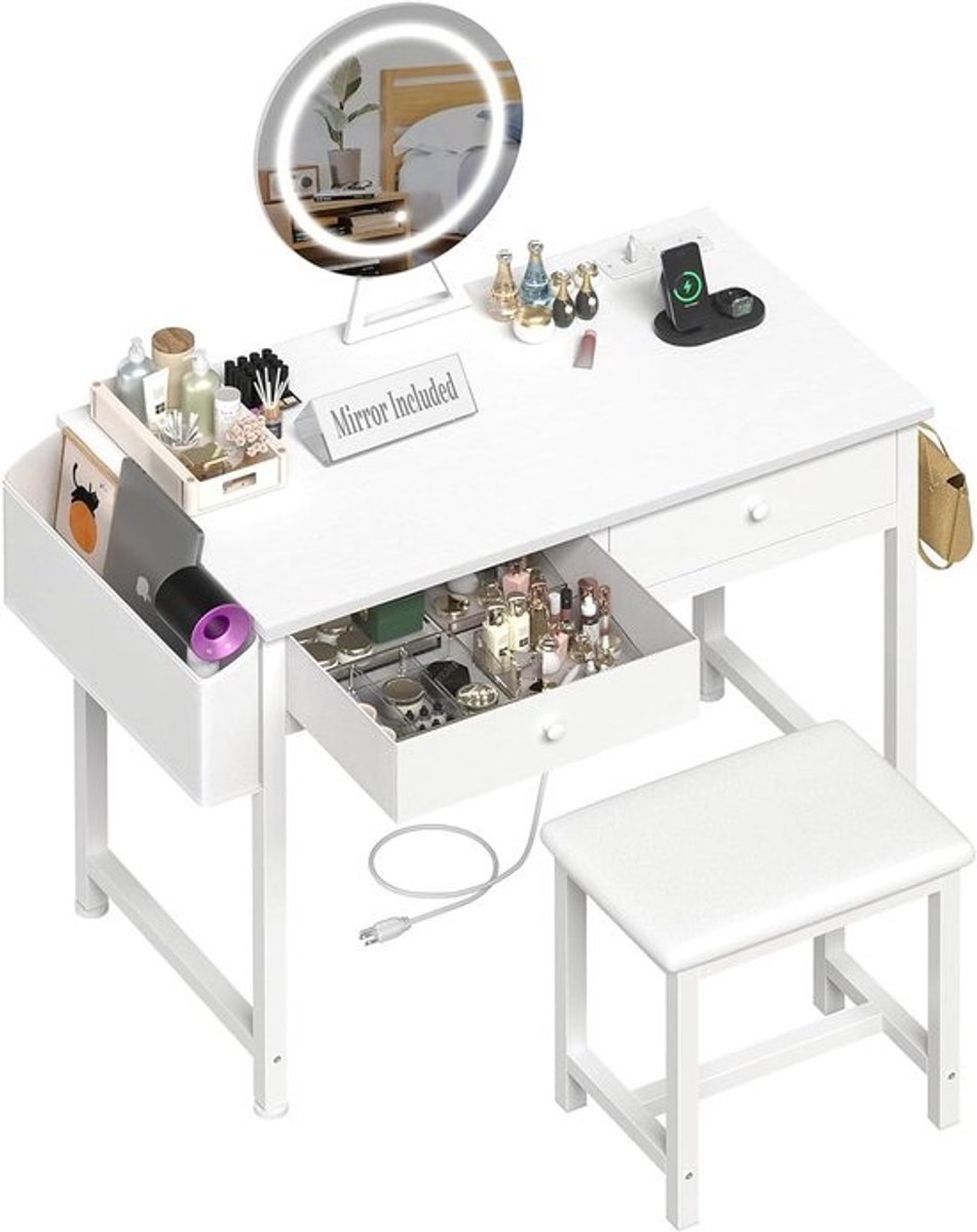 Kaptafel met spiegel - Make-up bureau - Schoonheidsroutine - Geïntegreerd oplaadstation - 45 x 80 x 78 cm - Wit
