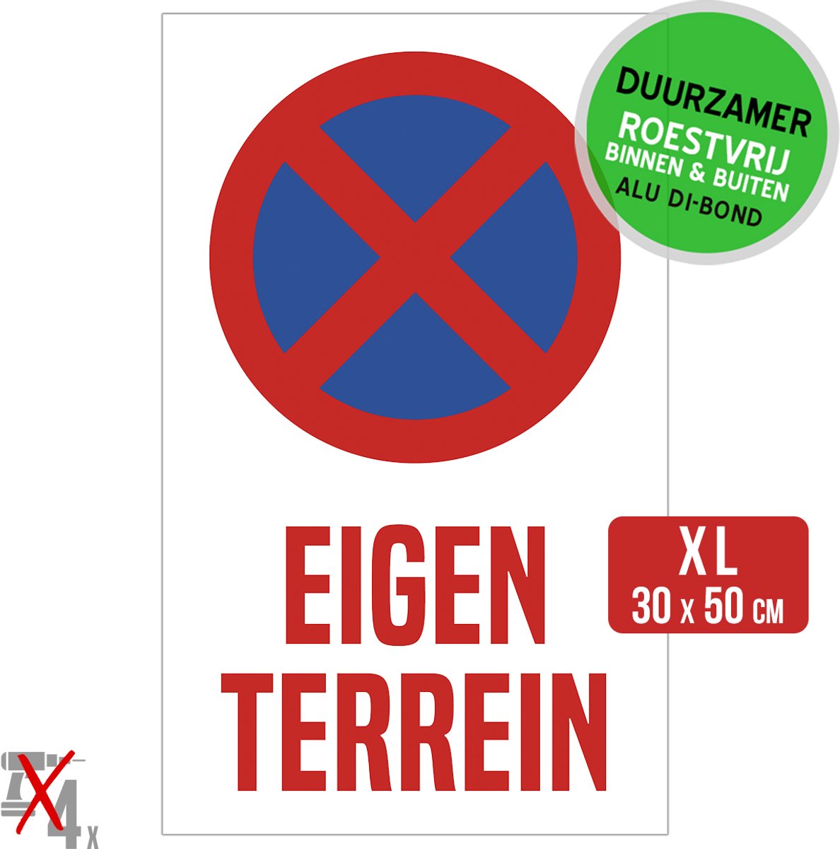 Pictogram/ bord Dibond XL | "Eigen terrein" - Bord E3 | 30 x 50 cm | Verboden te parkeren | Groot formaat | Parkeeroverlast | Parkeerplaats bewoners | Duurzaam | Roestvrij | Gemakkelijk te lijmen | Metaal paneel | Verkleurd niet | 1 stuk