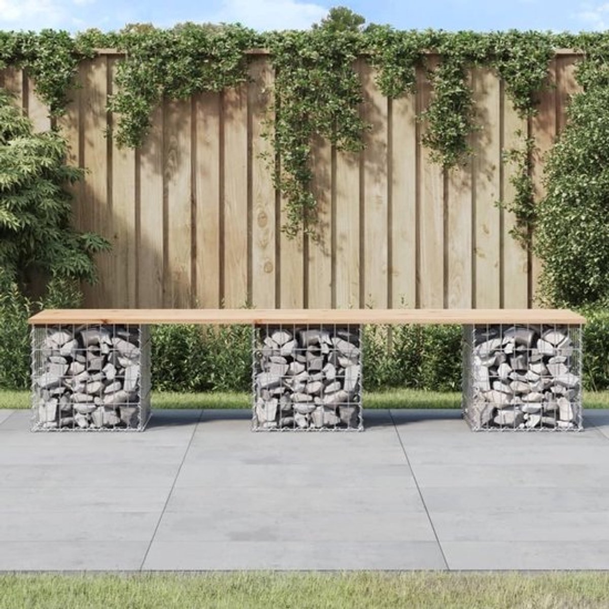 Tuinbank Gabion - Buitenbank Design - Zitruimte Creëren - Massief Houten Zitting - 203 cm - Naturel Hout