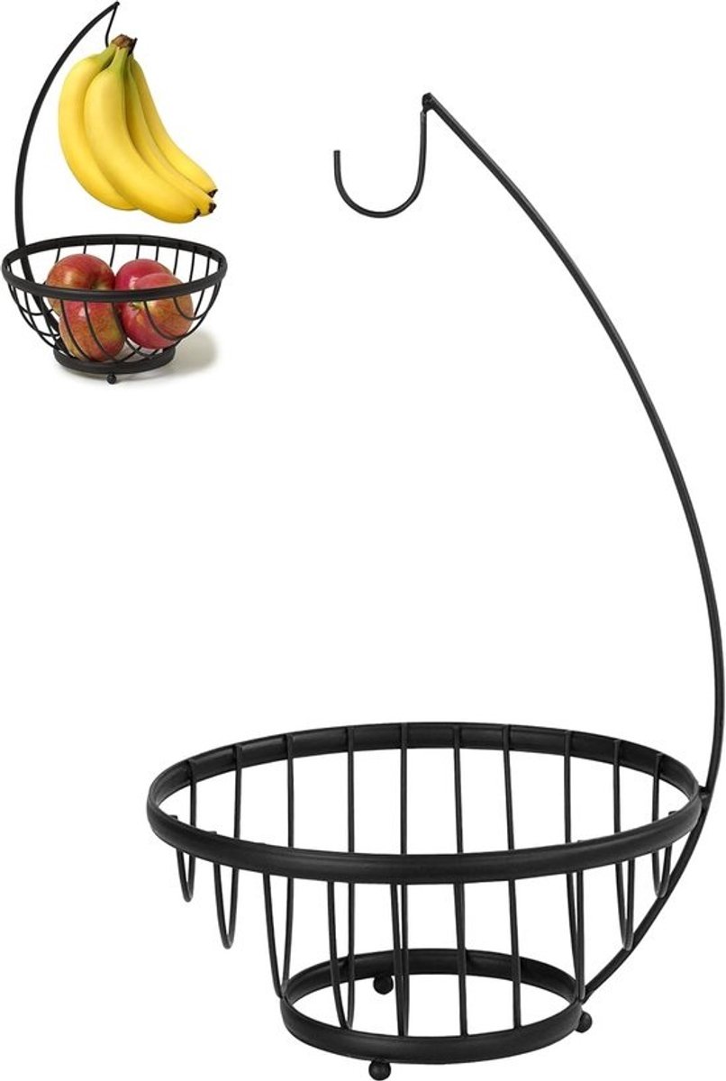 Fruitmand met Haak - Bananenhouder Fruitdisplay - Keuken Organisatie - Dubbele Functie - 23.5 x 39.4 cm - Zwart