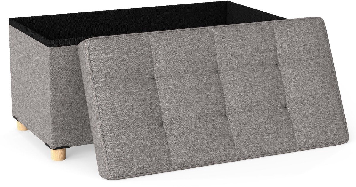 SureDeal® - Poef - Opbergbank Linnen Bank - Dienblad - Rubberhouten Poten Gestoffeerde - 76x38x39 cm - Grijs