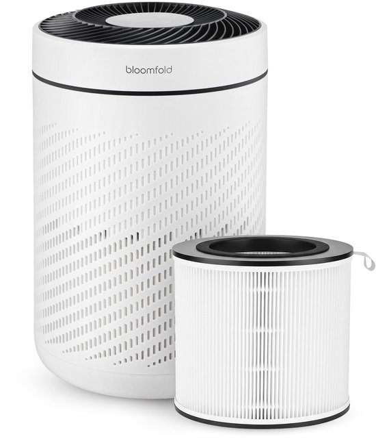 Witte Bloomfold luchtreiniger met patroon van stippen en een los HEPA-filter.