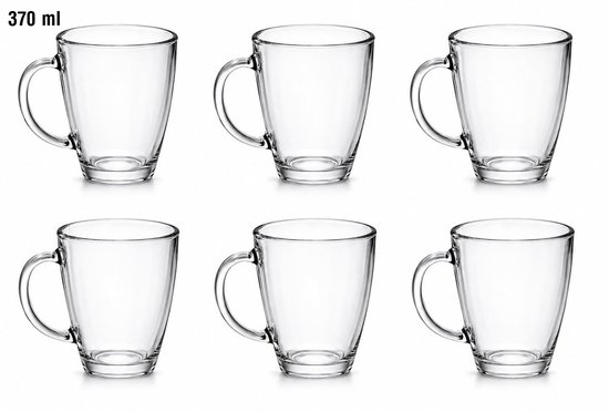 Ensemble de six tasses en verre transparent avec anse, 370 ml.