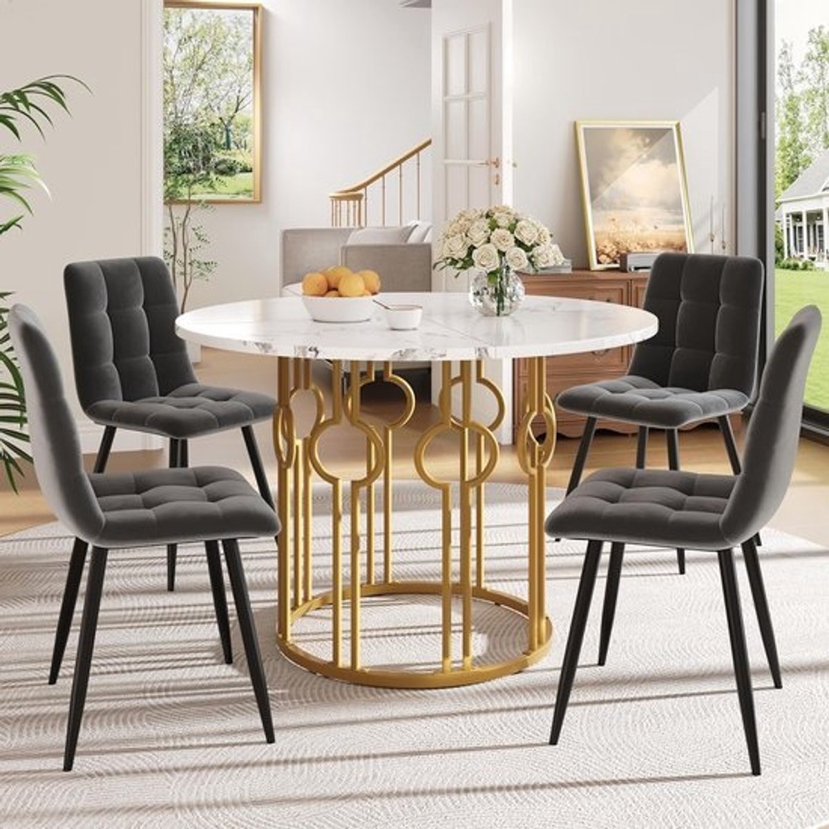 Eettafel Set - Keukentafel met Stoelen - Gezellig Eten - Fluwelen Stoelen - 100 cm Rond - Wit Goud Donkergrijs