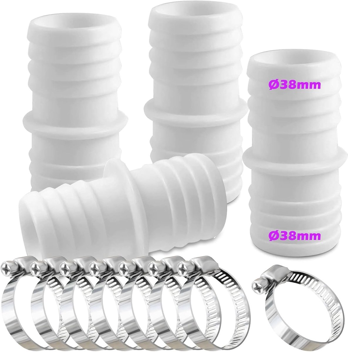 Set van 4 Stuks 38mm Slangkoppelingen met 8 Slangklemmen - Slangadapter voor Zwembad - Dubbele Slangkoppeling en Waterdichte Verbinding