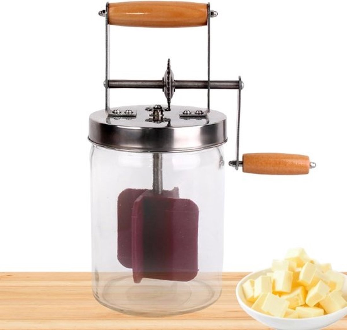 Boter Maker - Keuken Tool - Zelf Boter Maken - Handslinger Ontwerp - 24 cm Hoog - Zilver Hout