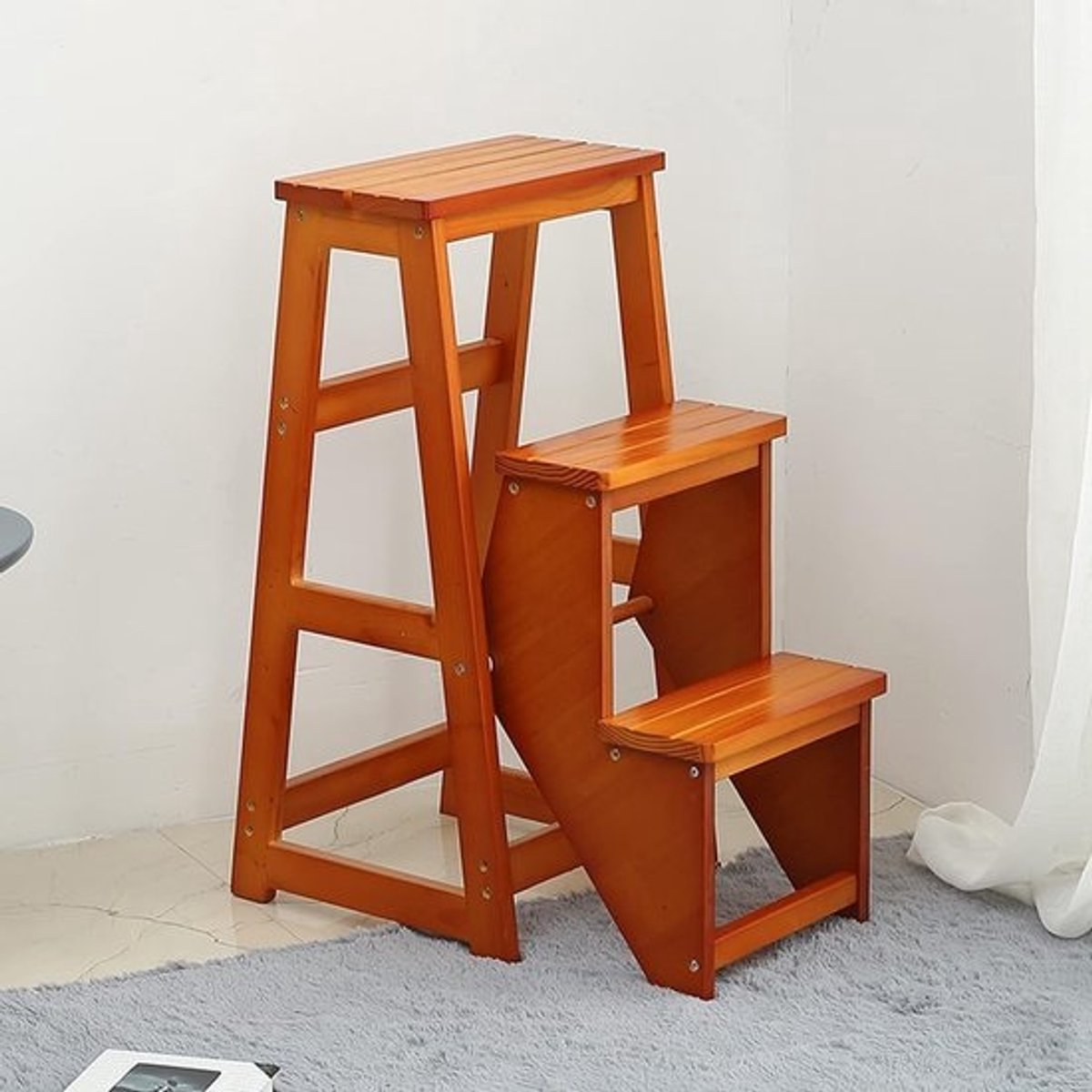 Houten Opstapje - Ladderkruk Trapje - Veilig Bereiken - Opvouwbaar Design - 3 Treden - Natuurlijk Hout