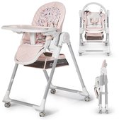 Roze kinderstoel met speelboog en stoffen zitting met sterrenprint. De stoel is inklapbaar en heeft een voetensteun.