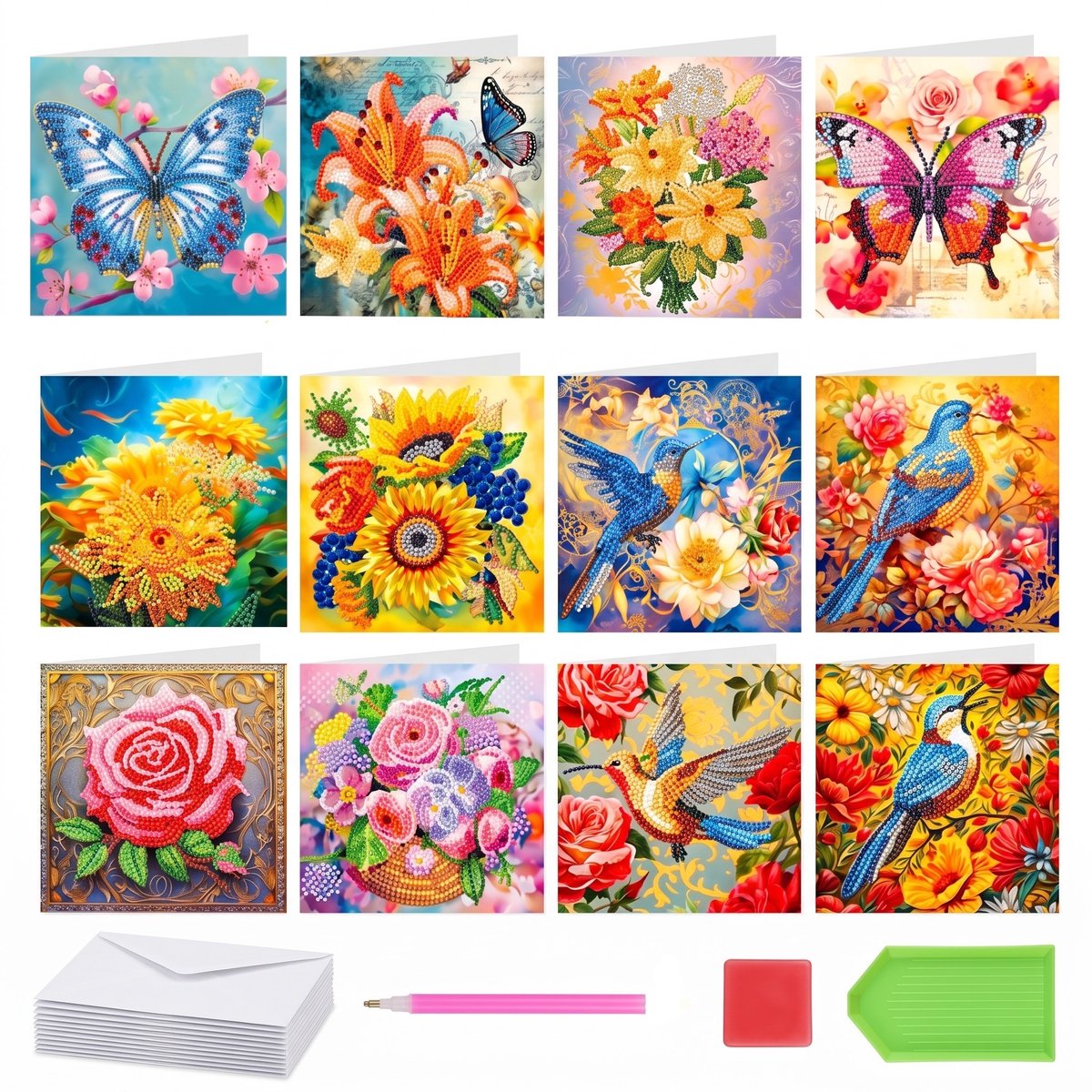 Huntex Diamond Painting Kaarten - 12 Wenskaarten met Enveloppen - Compleet Hobbypakket voor Volwassenen en Kinderen - Bloemen, Vogels en Vlinders — afbeelding 5