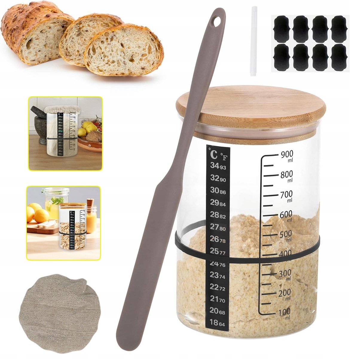 Set Van 900 ml Glazen Fermentatiepot Met Houten Deksel Thermometerstrip Elastische Band Stoffen Hoes En Siliconen Spatel - Brede Opening Herbruikbaar Voor Zuurdesem En Fermentatie