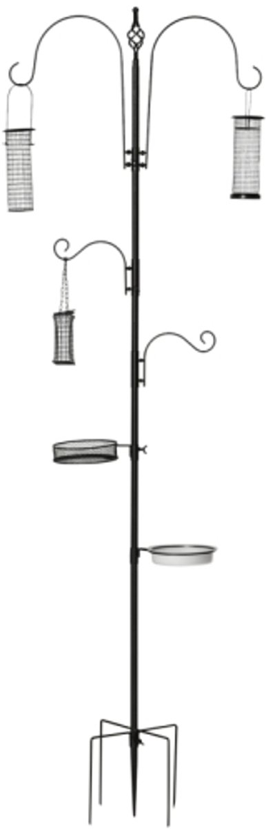 Vogelvoederstation Set van Staal 208 cm – Compleet Voedersysteem met 4 Haken, Drinkbak en Voederschalen voor Tuinvogels Zwart
