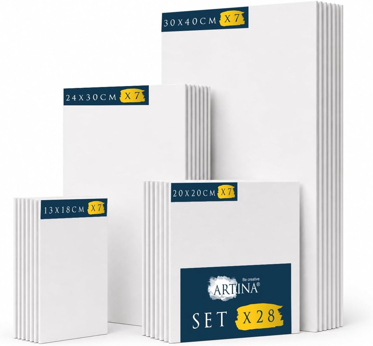 Artina 28-delige set canvaspanelen schilderskarton 3mm, 7x 13x18/20x20/24x30/30x40cm canvaspanelen, 100% katoen, 3x gegrond, 280g/m²
