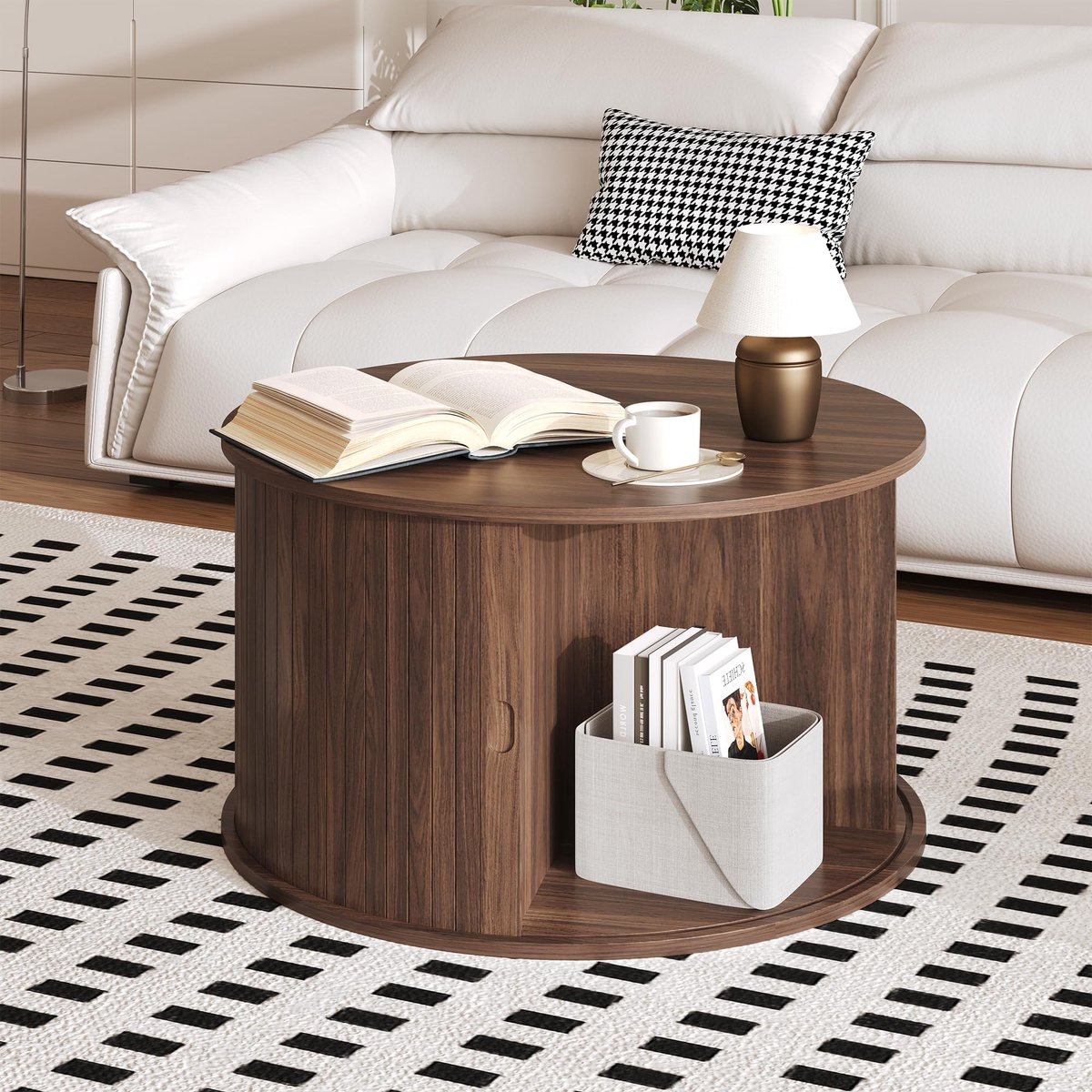 Ronde Salontafel met Schuifdeur En Opbergruimte - 70x70x40cm - Bijzettafel - Geribbeld Design - Ruimtebesparend - Voor Woonkamer Kleine Ruimtes - Walnootkleur